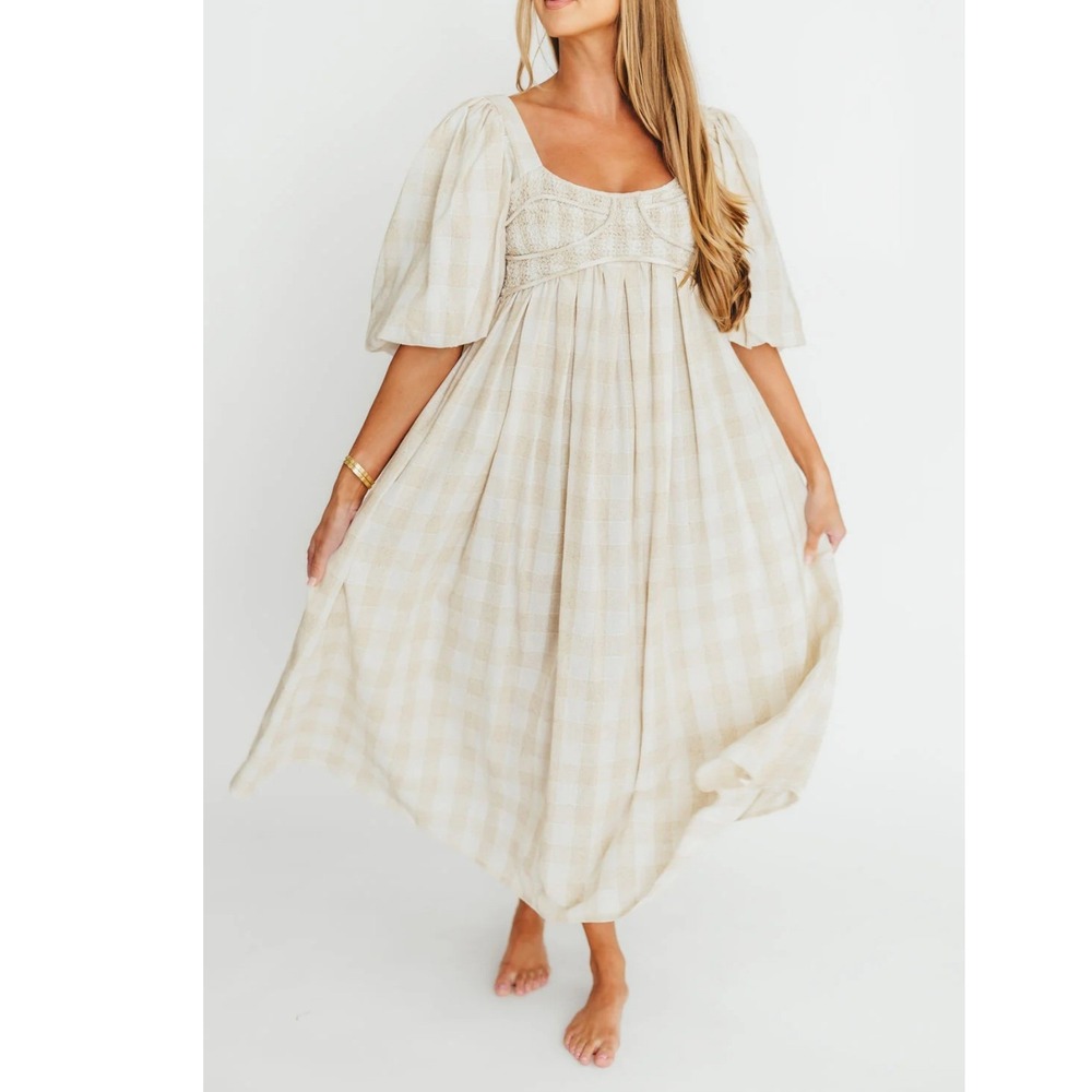 Worth Collective Harlow Maxi Dress Puff Sleeve Linen White/Cream